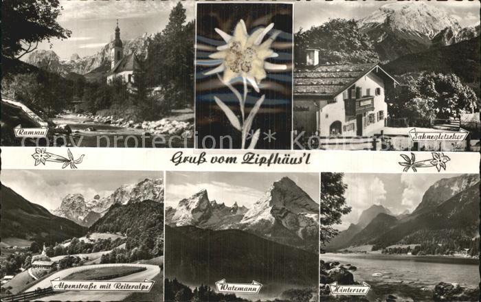 Ramsau Berchtesgaden Gasthaus Zipfhaeusl Kirche Sahnegletscher Alpenstrasse Reit