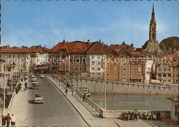 Bad Toelz Isarbruecke mit Marienstift Pfarrkirche