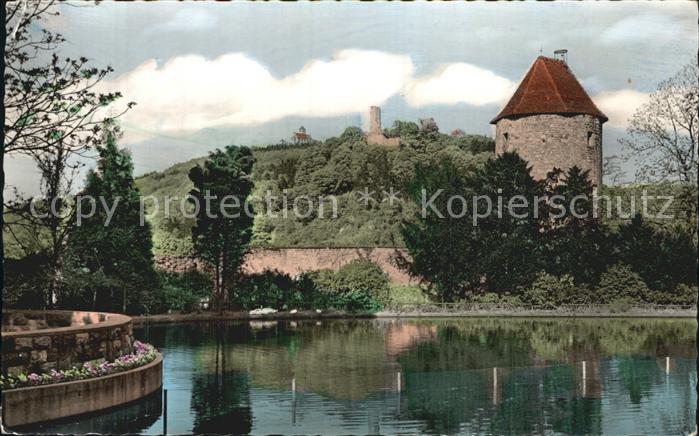 Weinheim Bergstrasse Partie im Schlosspark Turm Burgruine