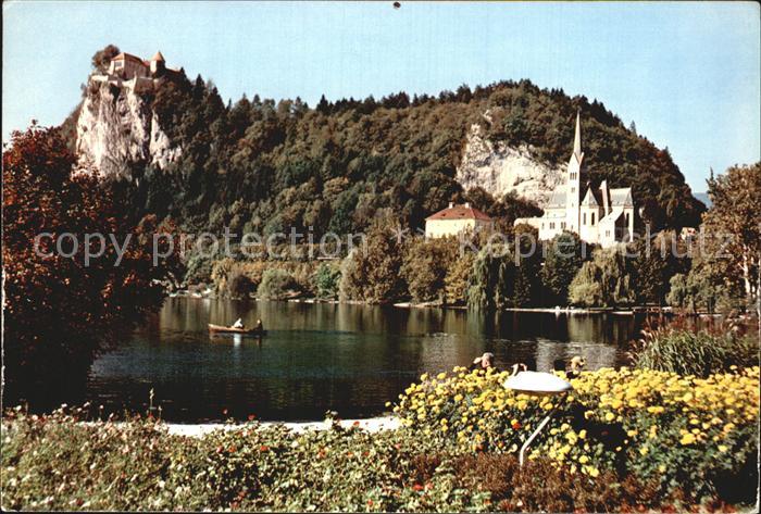 Bled Uferpartie am See Kirche Felsen