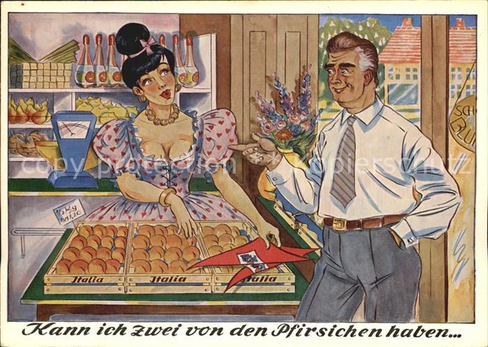 Humor Verkaeuferin Pfirsich Mann Italien