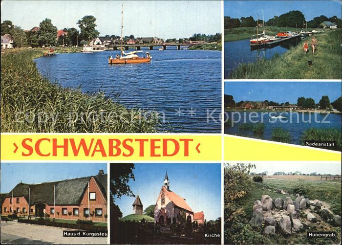 Schwabstedt Panorama Frachter Badeanstalt Haus des Kurgastes Kirche Huenengrab