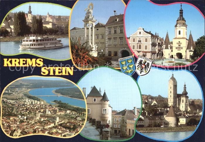 Krems Donau mit Stein Donau Fahrgastschiff Denkmal Kirchen Fliegeraufnahmen