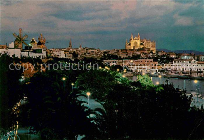 Palma de Mallorca La Catedral y los molinos del Jonquet Vista nocturna