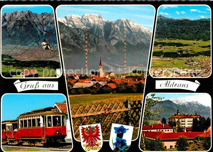 Aldrans Sessellift Eisenbahn Ortsansicht mit Kirche Alpenpanorama