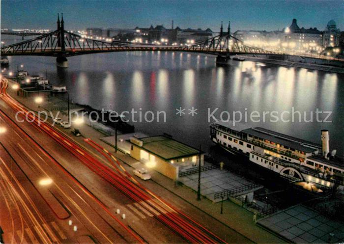 Budapest bei Nacht Teilansicht Donaudampfer Bruecke