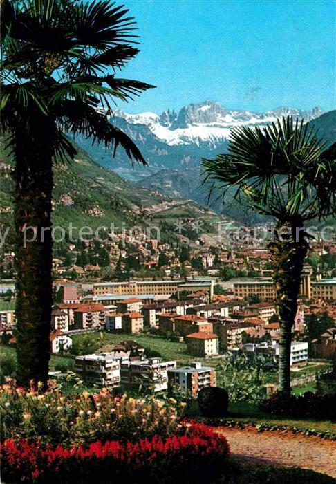 Bozen Suedtirol Panorama Blick gegen Rosengarten Dolomiten Palmen