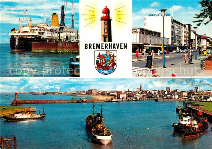 Bremerhaven Hochseedampfer Hafen Strassenpartie Leuchtturm Wappen