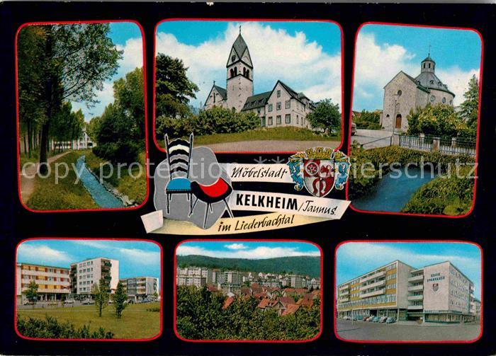Kelkheim im Liederbachtal Kirche Wohnblocks Hochhaeuser Moebelstadt