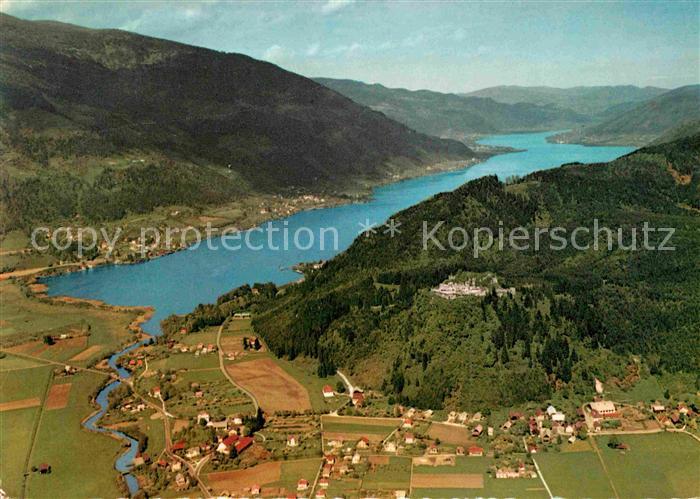 Ossiachersee mit Ruine Landskron Alpen Fliegeraufnahme