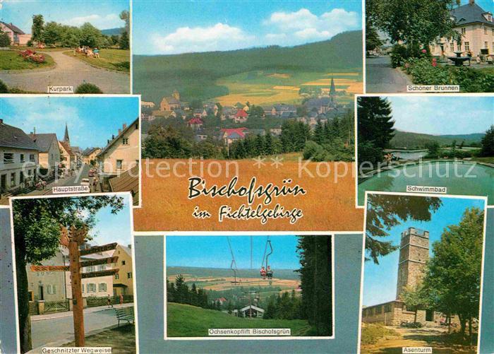 Bischofsgruen Kurpark Panorama Brunnen Schwimmbad Hauptstr Geschnitzter Wegweise