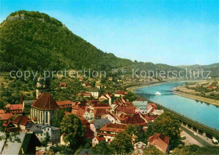 Koenigstein Saechsische Schweiz Fliegeraufnahme mit Elbe