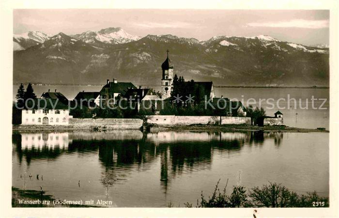 Wasserburg Bodensee Ortsansicht mit Kirche mit Alpen