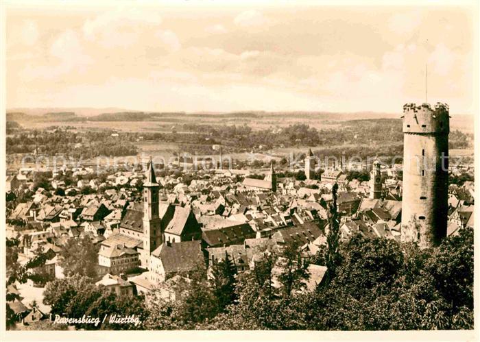 Ravensburg Wuerttemberg Stadtbild mit Kirche und dem Mehlsack Wahrzeichen Turm