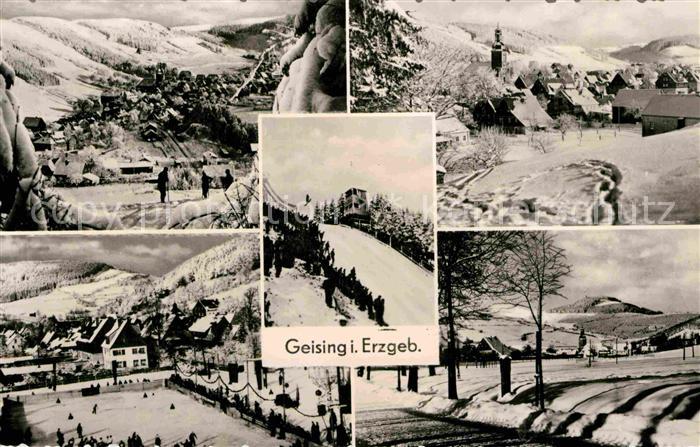 Geising Erzgebirge Teilansichten Winterpanorama Eislaufbahn Skispringen Sprungsc