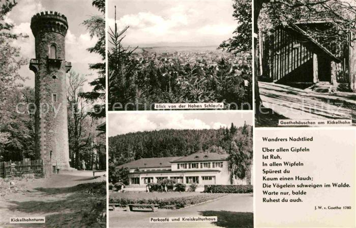 Ilmenau Thueringen Kickelhahnturm Blick von der Hohen Schlaufe Goethehaeuschen K