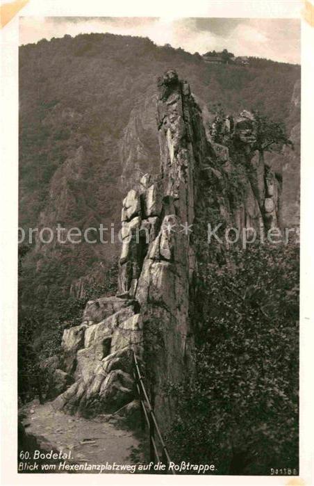 Thale Harz Bodetal Blick vom Hexentanzplatzweg auf die Rosstrappe Felsen
