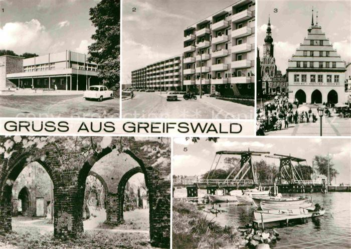 Greifswald HO Gaststaette Boddenhus Dubnaring Rathaus Klosterruine Wiecker Bruec