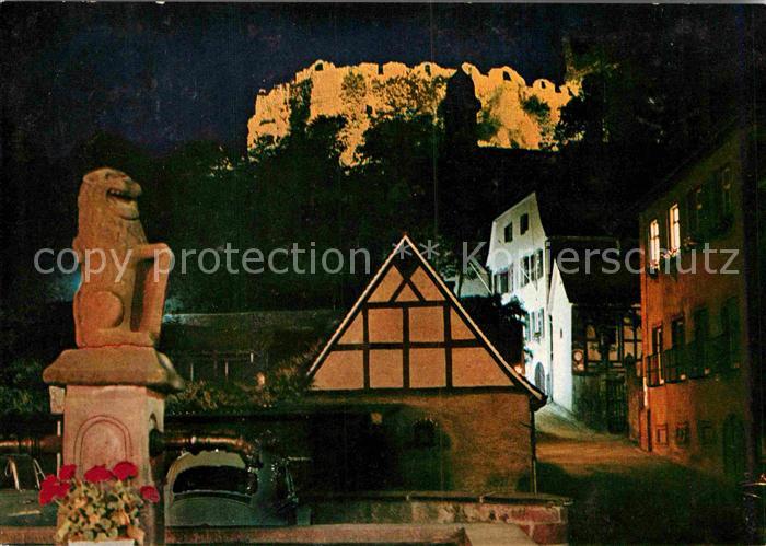 Lindenfels Odenwald Burg beleuchtet Loewenstatue