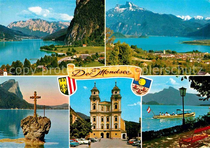 Scharfling mit Hoellengebirge Mondsee Kreuzstein Pfarrkirche Uferpromenade