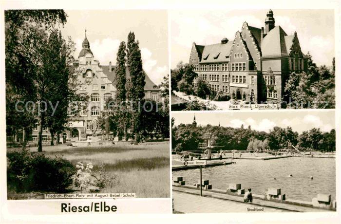 Riesa Sachsen Friedrich Ebert Platz mit Aug Bebel Schule Max Planck Oberschule S