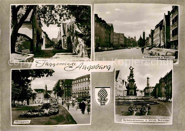 Augsburg Fuggerei Jakobskirche und Rathaus Koenigsplatz Herkulesbrunen St Ulrich