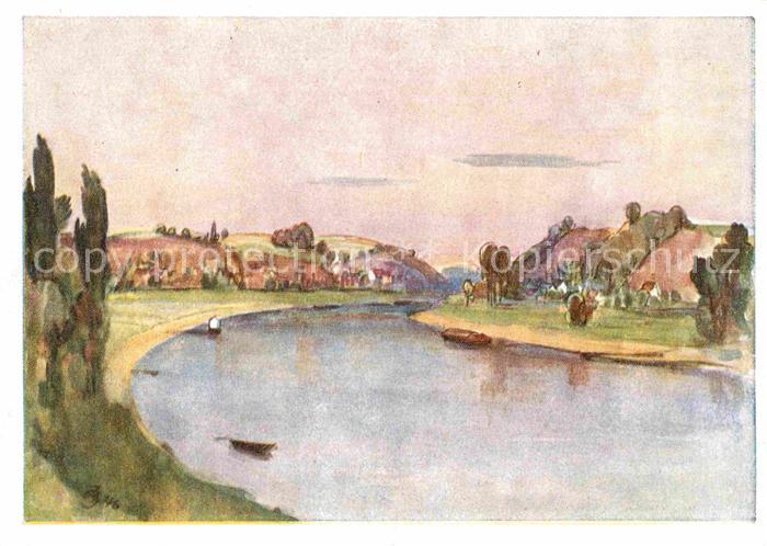 Zehren Elbe Panorama Kuenstlerkarte Beutner