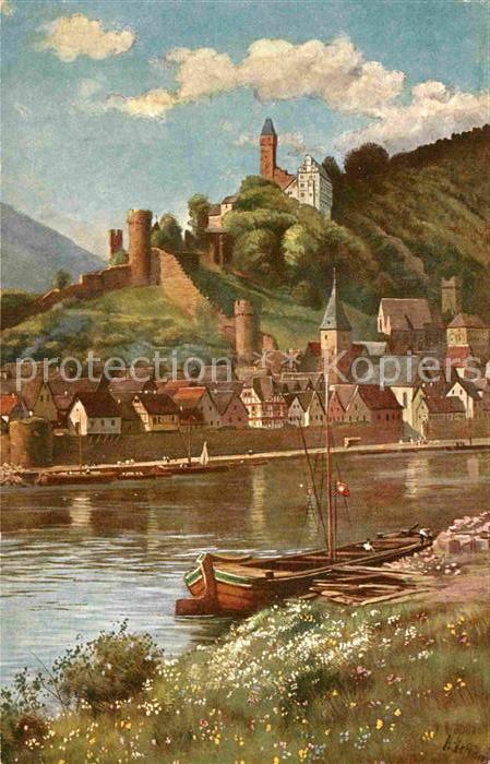 Hirschhorn Neckar Blick ueber den Fluss Kuenstlerkarte Nr 664