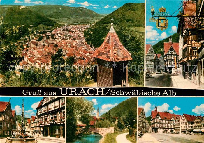 Bad Urach Panorama Schwaebische Alb Altstadt Fachwerkhaeuser Brunnen