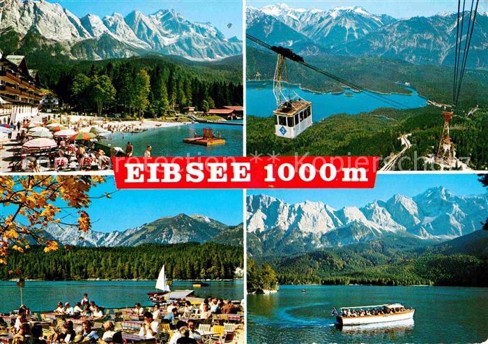 Eibsee Eibseehotel Pavillon gegen Zugspitzgruppe Wettersteingebirge Bergbahn