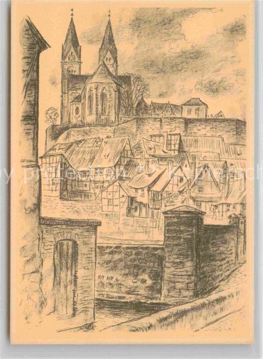 Quedlinburg Harz Offsetdruck nach Kreidezeichnung von K. Hedloff Schloss