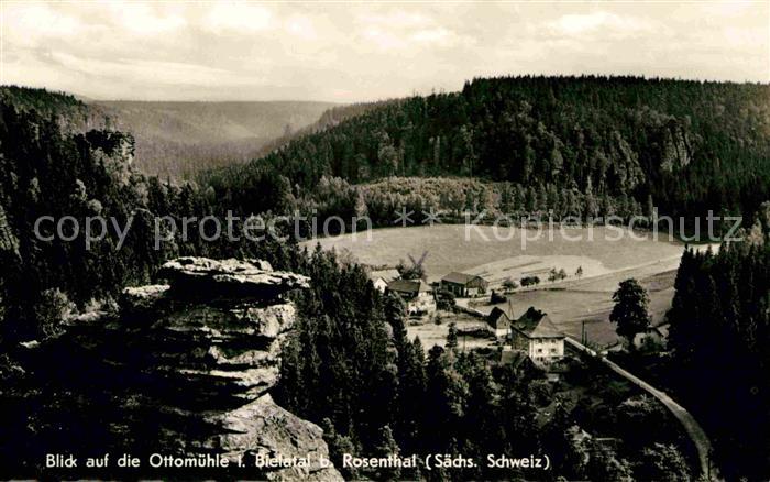 Rosenthal-Bielatal Panorama Blick auf die Ottomuehle Felsen Elbsandsteingebirge