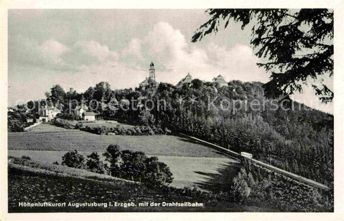 Augustusburg Hoehenluftkurort Drahtseilbahn Blick zum Schloss