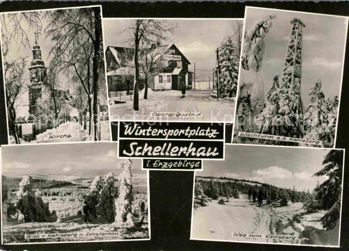Schellerhau Kirche Gasthof Wachturm Kahleberg Schaeferhaus Winterpanorama