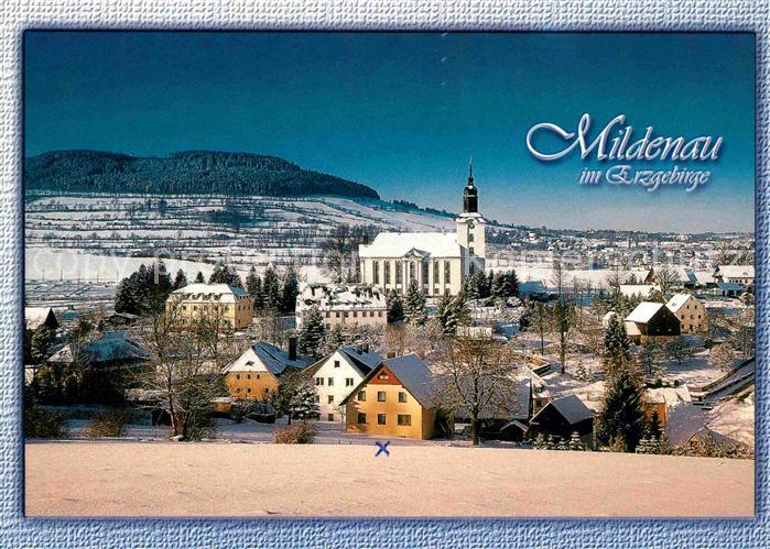 Mildenau Ortsansicht mit Kirche im Winter