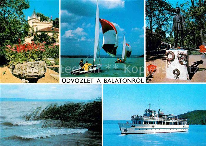 Balaton Plattensee Teilansichten Segelboote Denkmal Fahrgastschiff