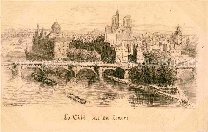 Paris La Cite vue du Louvre Dessin Kuenstlerkarte