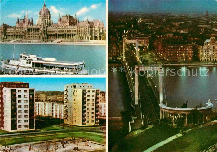Budapest Parlamentsgebaeude Siedlung Wohnblocks Kettenbruecke Donau Nachtaufnahm