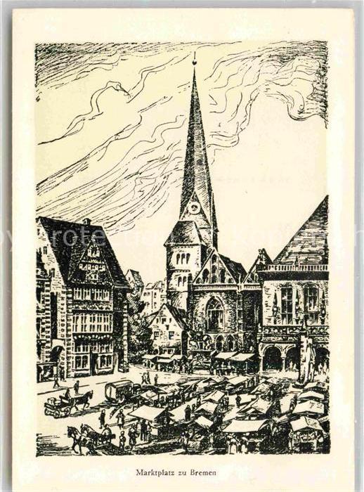 BREMEN  CITY Marktplatz Kirche Zeichnung Kuenstlerkarte