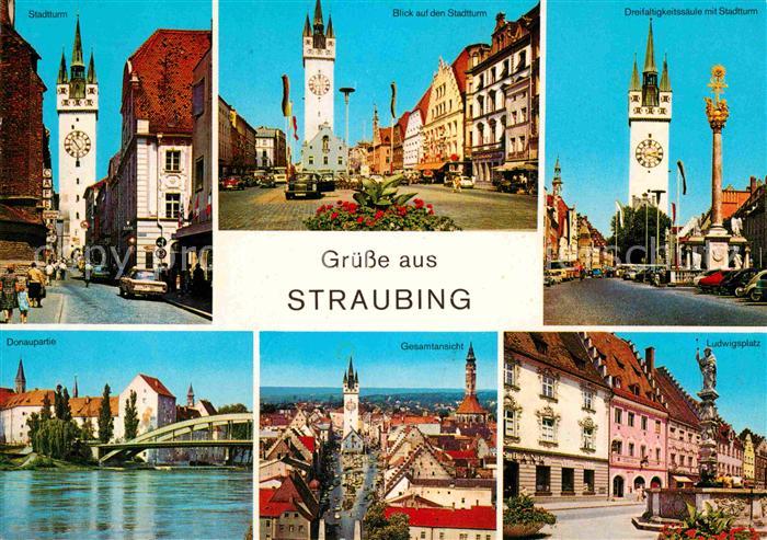 Straubing Stadtturm Dreifaltigkeitssaeule Donaupartie Panorama Ludwigsplatz