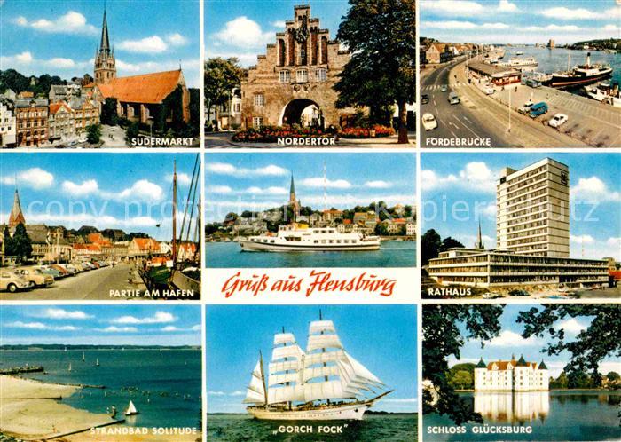 Flensburg Suedermarkt Nordertor Foerderbruecke Hafenpartie Rathaus Strandbad Sol