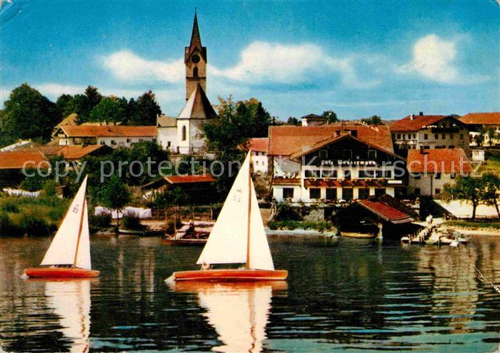 Seebruck Chiemsee Cafe Pension Wassermann Kirche Segelboot