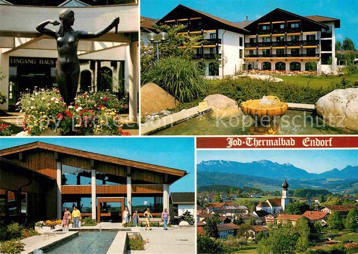 Endorf Bad Jod Thermalbad Kurhaus Statue Ortsansicht mit Kirche Alpen