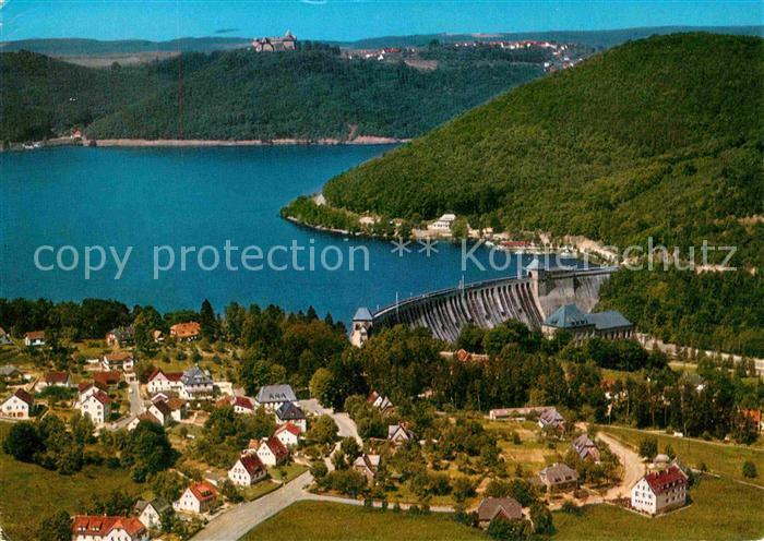 Hemfurth-Edersee Fliegeraufnahme mit Sperrmauer und Schloss-Waldeck