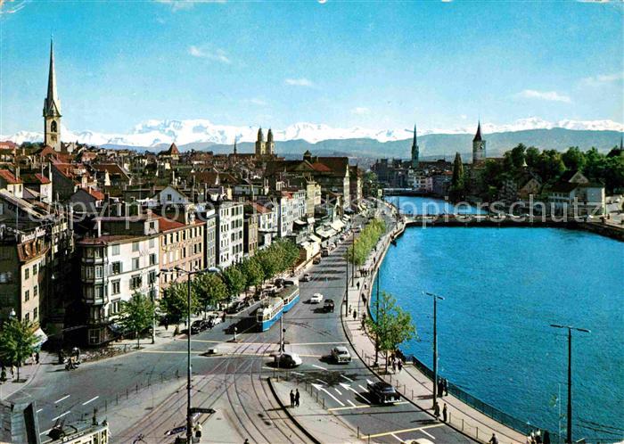 Strassenbahn Zuerich Limmatquai Alpen