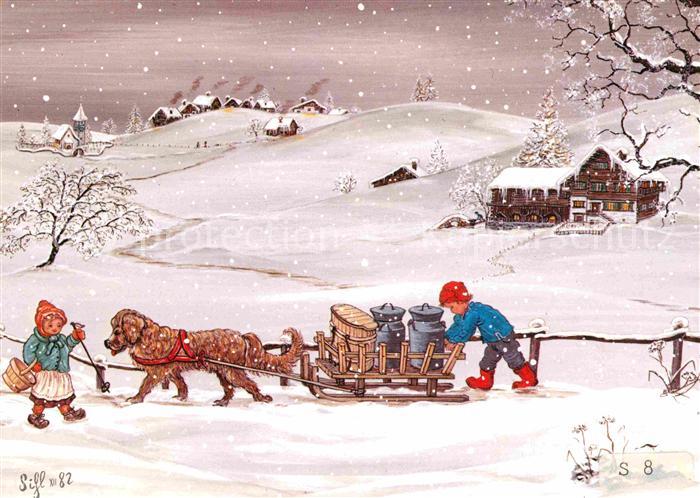 Schlitten Schnee Hund Milchkanne Kinder