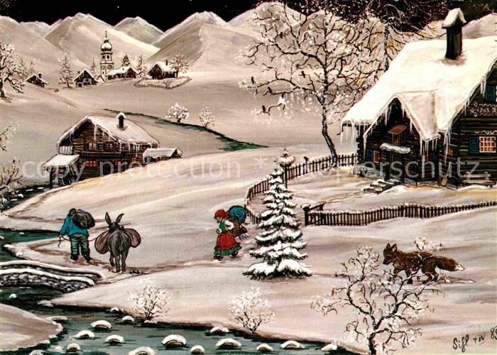 Kuenstlerkarte Sihl Samedan Winterlandschaft Esel Fuchs