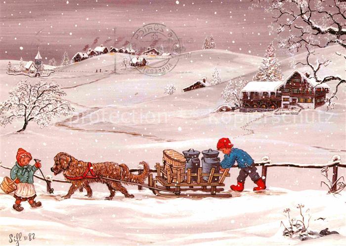Schlitten Schnee Hund Kinder Milchkanne Kuenstler Sihl Samedan