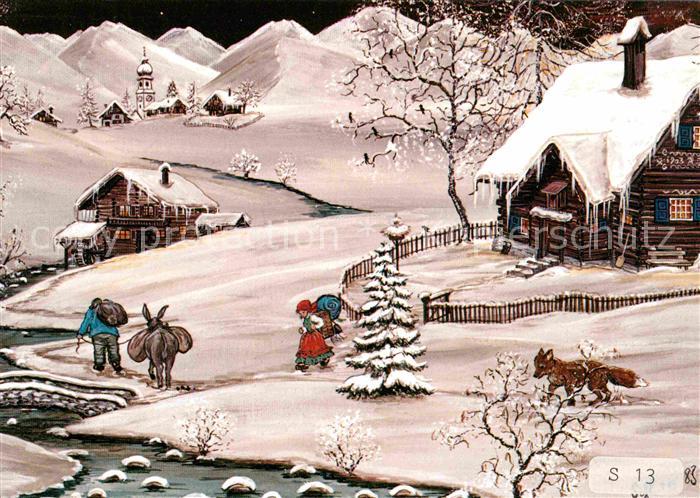 Kuenstlerkarte Sihl Samedan Winterlandschaft Esel Fuchs