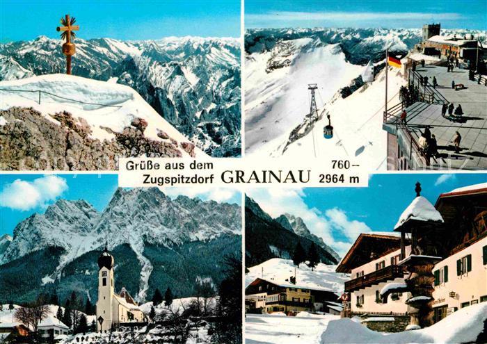 Grainau Dorfpartien Kirche Brunnen Zugspitze Gipfelkreuz Muenchnerhaus Alpenpano